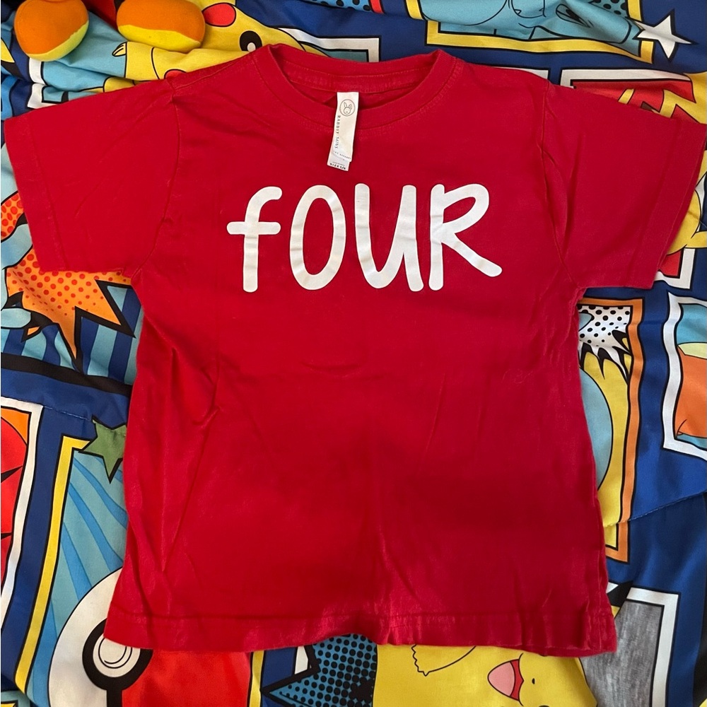 Rabbit Skins Boys “ Four” Shirt 4th Birthday Size 5/6 Red